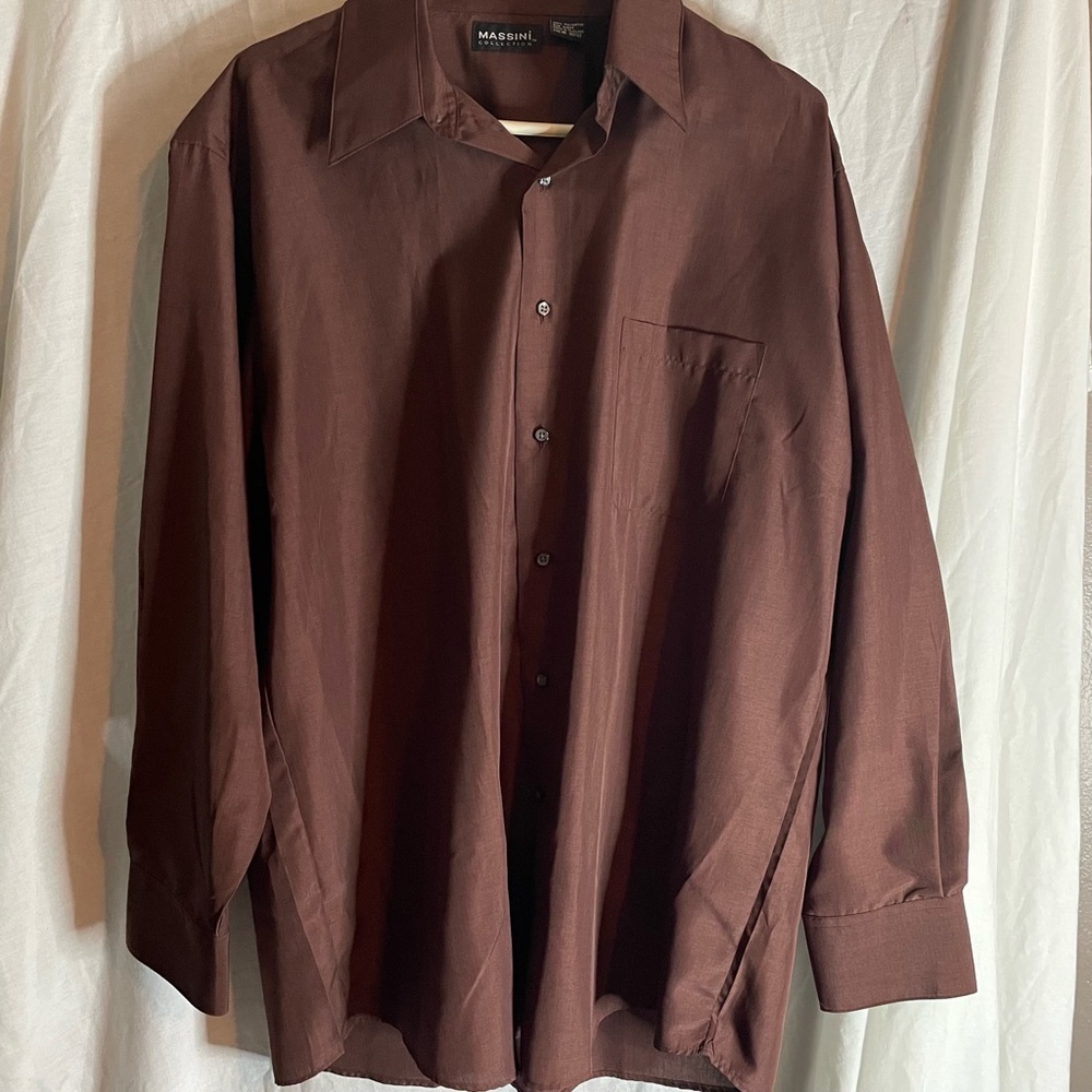 Massani Collection Mens Button Front Shirt Brown Long Sleeve SZ 16 32/33 Pocket